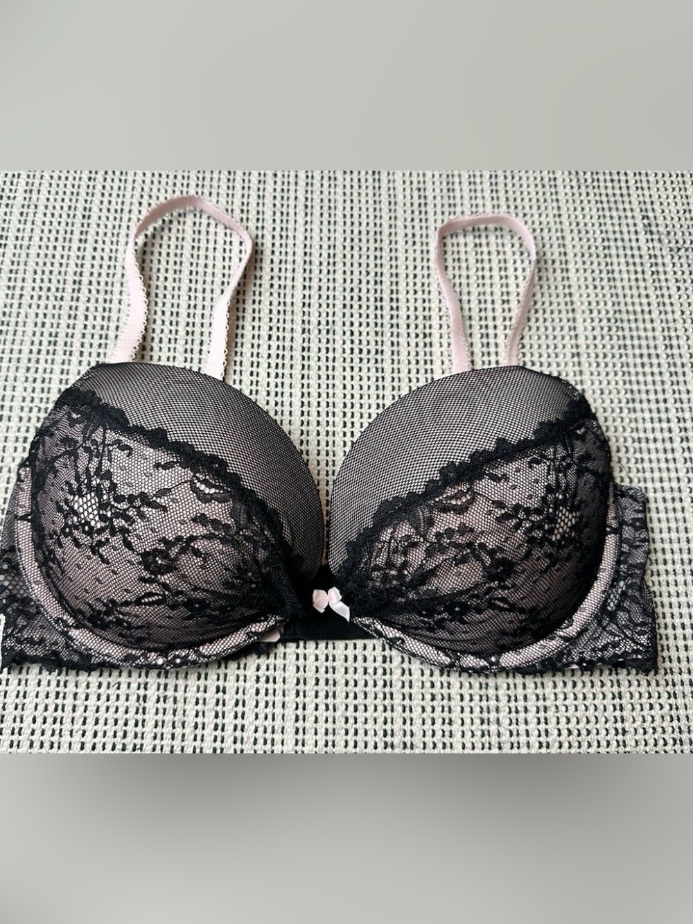 Victoria's Secret padded demi wire bra with black lace overlay and pink straps